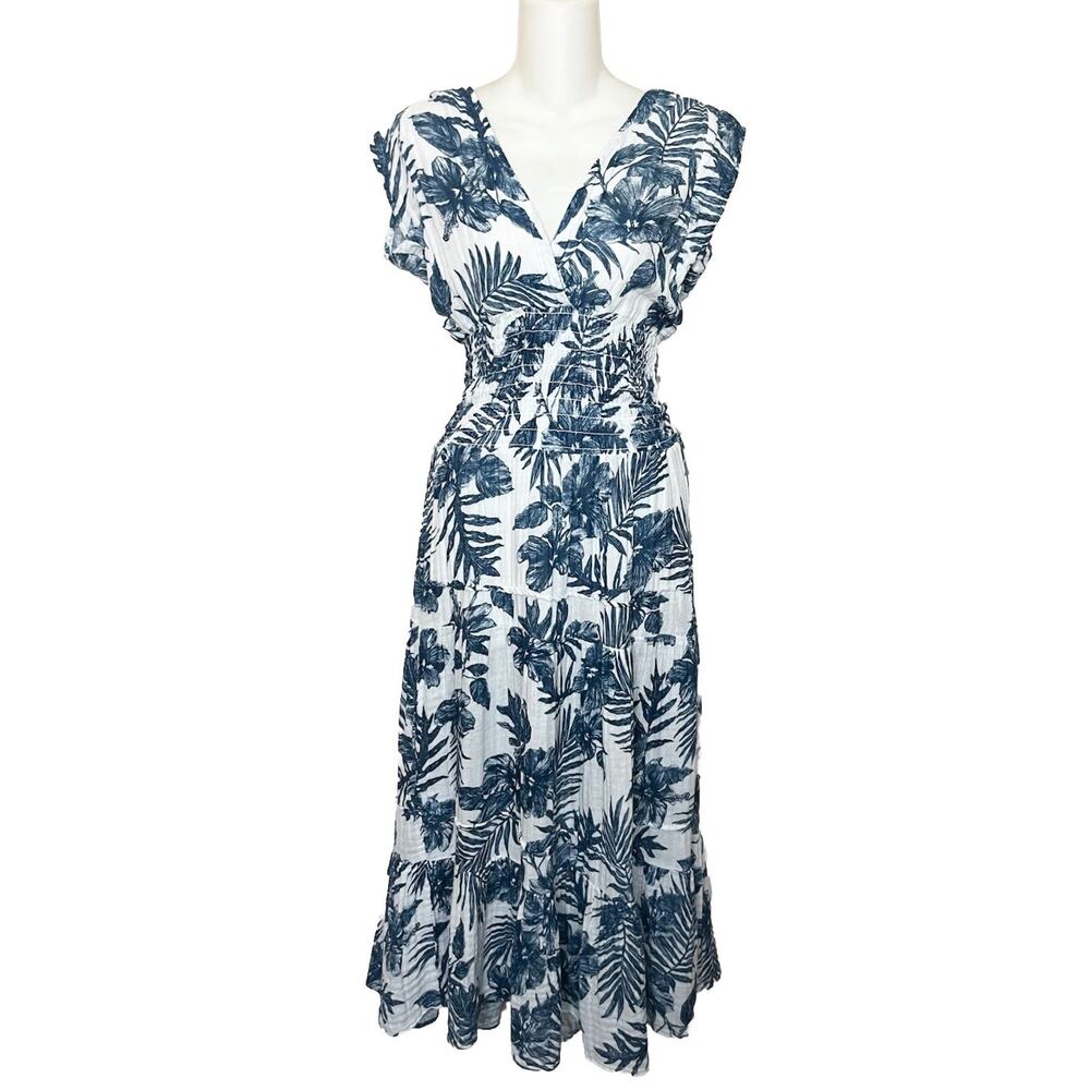 Felicite Smocked Midi Dress Sz 3 (Medium) Floral Palm White Blue Tropical
